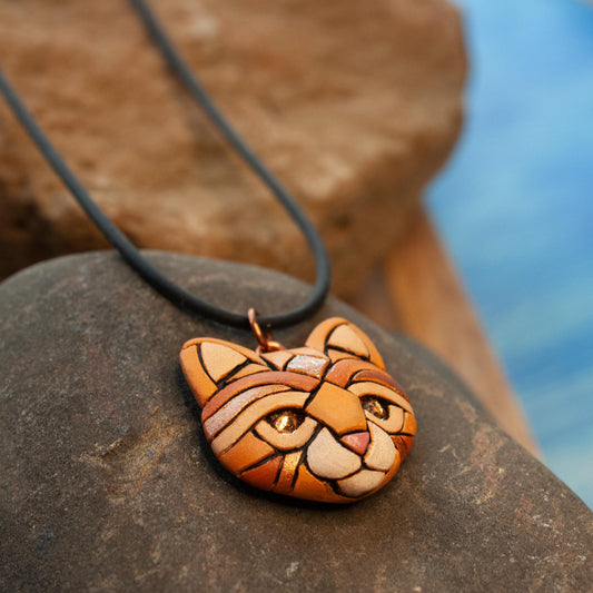 Ginger Cat Pendant Necklace: Polymer Clay Kitten Jewelry, Swarovski Crystals