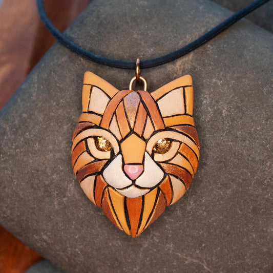 Ginger Cat Pendant Necklace: Polymer Clay Mosaic Jewelry, Swarovski Crystal Eyes